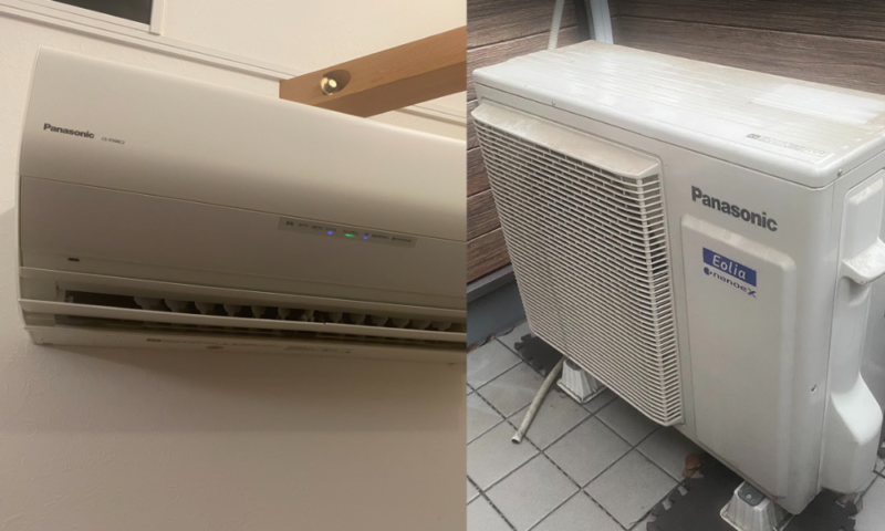 エアコン室内機とベランダに設置された室外機
